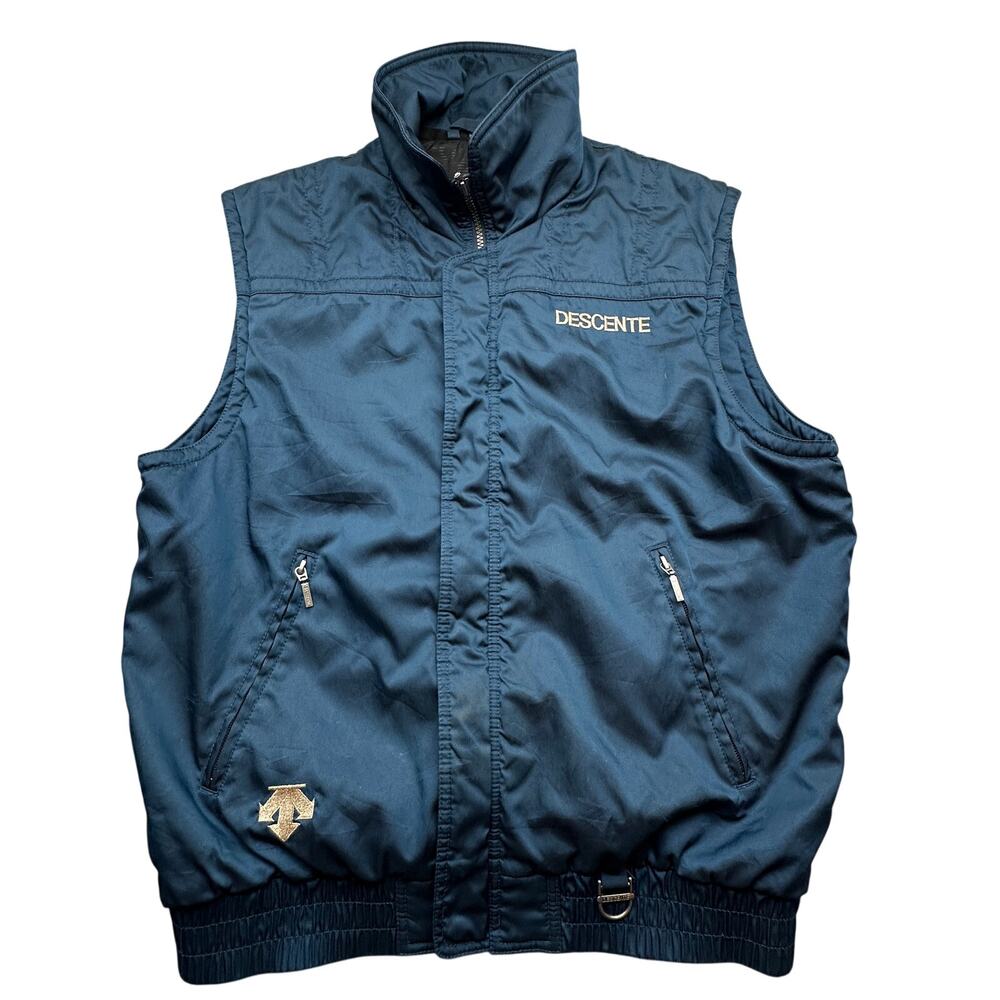 Vintage 90s Descente Ski Full Zip Vest Mens XL Navy Blue Pockets Hong Kong
